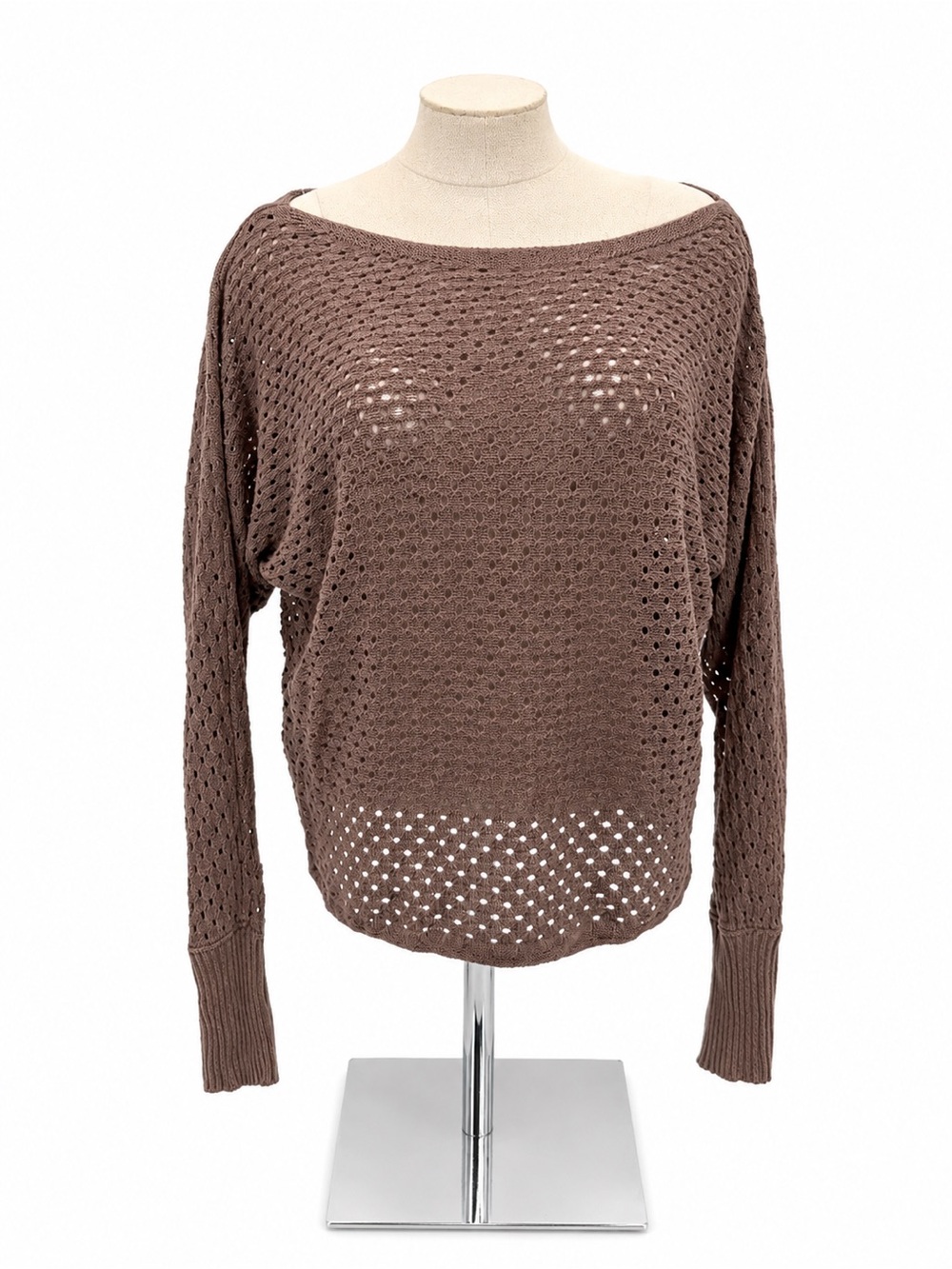 Eesome Taupe Open Knit Boat Neck Sweater Long Sleeve Coastal Size M/L